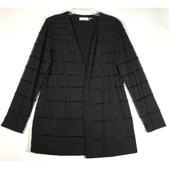 Calvin Klein Womens Large Black Poly Mesh Beaded Line Open Front Coat Cardigan - Picture 2 of 13